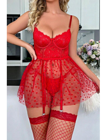 YNT Kırmızı Kalp Desenli Askılı Gecelik 15592 L/XL