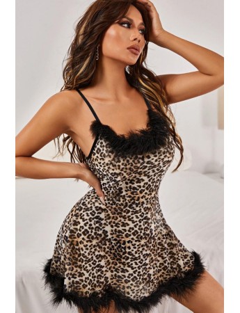 YNT Leopar Peluşlu Likralı Tül Gecelik 15534 L/XL