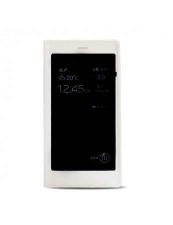 General Mobile Discovery Elite S View Dikişli Deri Tam Camlı Pencereli Kılıf Beyaz