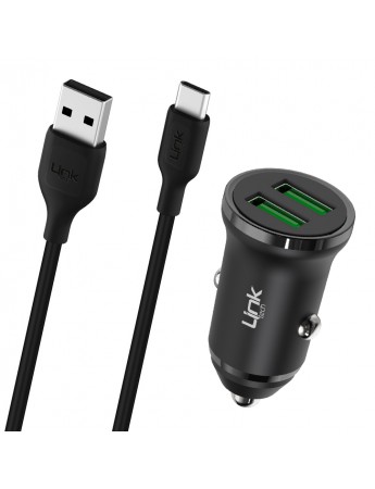 LinkTech C483e 12W 2x USB + Type-C USB Kablo Araç İçi Şarj Aleti Set Siyah