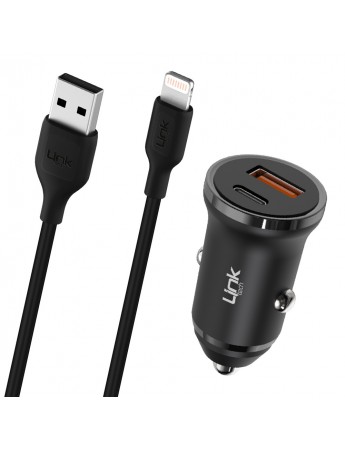 LinkTech C485e 20W PD Type-C + USB Araç Şarj Cihazı + Lightning Kablo Set Siyah