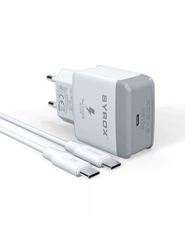 Syrox PD18T Type-C to Type-C Kablolu 18W PD 3A Hızlı Şarj Aleti Set…